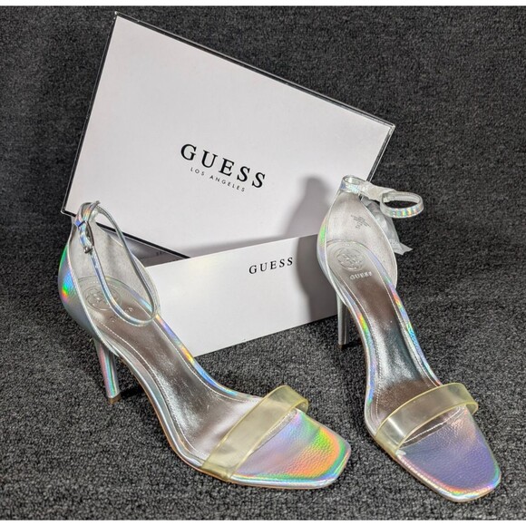 GUESS Womens 9.5 Silver Square Toe Stiletto Heeled Sandal Ankle Strap - Picture 1 of 8
